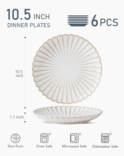 Large Ceramic 10.5 inch Dinner Plates, Set of 6, Microwave, Oven & Dishwasher Safe, Vintage Farmhouse Plates ,Kitchen Porcelain Serving Dishes ,Scratch Resistant, Housewarming Gift ( Petal, White ) - Image 4