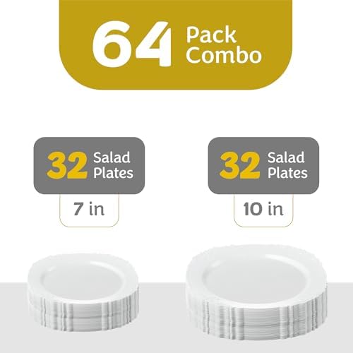 PLASTICPRO 64 Pack Elegant Disposable Plastic Plates Combo Set Includes 32 Dinner Plates and 32 Salad Heavy Duty Fancy Party Plates White Embossed Victorian Design - Image 4