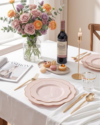 bUCLA 180PCS Pink Plastic Plates - Pink with Gold Rim Disposable for Party Include 30 Each (Dinner & Dessert) Plates, 30 Knives, 30 Forks, 30 Spoons, 30 Cups for Wedding, Birthday & Party - Image 4
