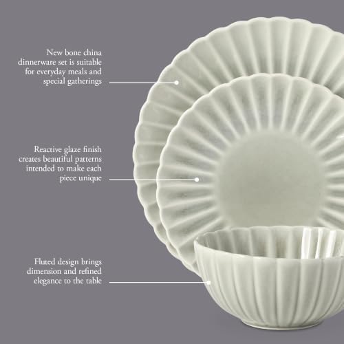 Gibson Elite Peach Orchard 12-Piece New Bone China Dinnerware Set Service for 4, Embossed Fluted Plates and Bowls, Dishwasher and Microwave Safe, Sage Green - Image 3