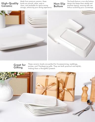 AISBUGUR Rectangular Salad Plates, 8 Inch Porcelain Dessert Plates Set, Serving Trays for Salad, Appetizers, Fruit, Sushi, Appetizer Plates - Dishwasher and Oven Safe, Set of 6, White - Image 3