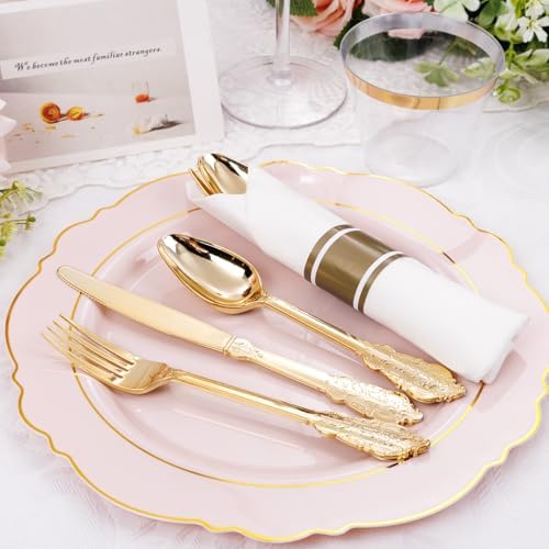 Liacere 175PCS Pink Plates Disposable - Pink and Gold Plates 25guest Baroque Plastic Dinnerware include 50Plates, 25Pack Pre Rolled Napkins with Silverware 25Cups Perfect for Wedding & Party - Image 5