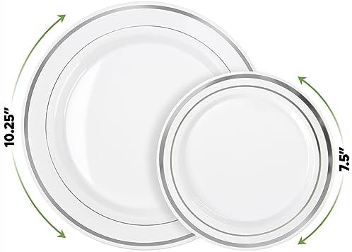 SETUP 100-Piece Silver Trim Plastic Dinnerware Set – 50 10.25" Dinner & 50 7.5" Salad Plates – Heavy-Duty Disposable for Weddings, Catering, Parties - Image 2