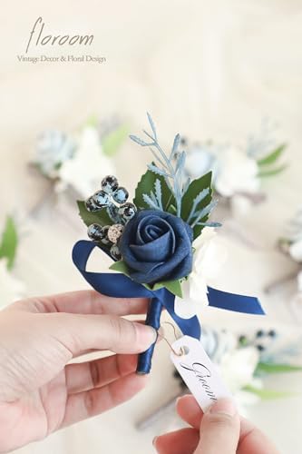 Floroom Set of 6 Powder Blue & Navy Blue Foam Rose Boutonnieres with Pins for Men Wedding for Groom Groomsmen Wedding Ceremonies Anniversaries Formal Dinners Parties Proms - Image 4