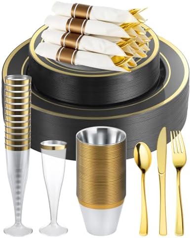Goodluck 320PCS Black Gold Fancy Disposable Dinnerware Set for 40 Guests by GoodLuck