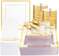 Festiva 350Pcs Clear Plastic Plates with Gold rim - Clear Gold Disposable Dinnerware for 50 Guests include Square Plastic Plates/Cups/Cutlery/Napkins Perfect for Birthday Party&Wedding by Festiva