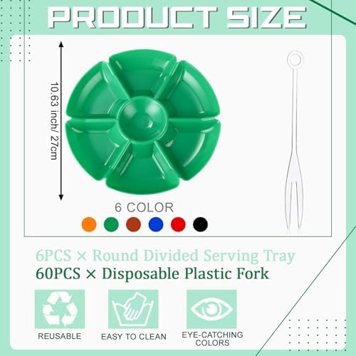 Zhehao 6 Pcs Plastic Divided Serving Trays with 60 Pcs Disposable Fork, 7 Compartments Round Chip Dip Plate, Petal Shape Platter, 10.6'' Snacks Serving Dish for Party Candy Nuts Fruits (Warm Color) - Image 2