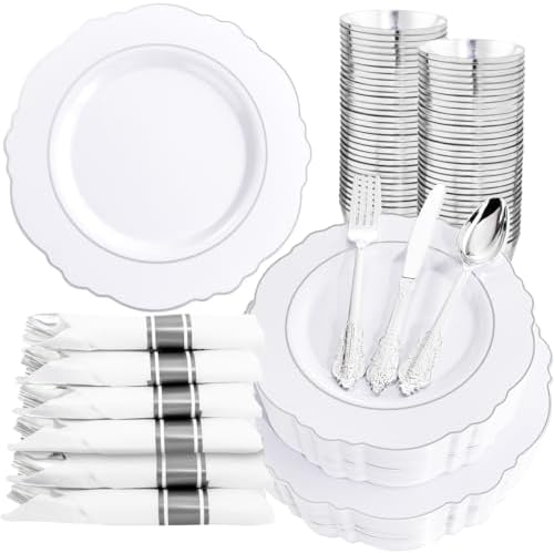 Liacere 175pcs Silver Plastic Plates - White and Silver Disposable - 25guest Baroque Plastic Dinnerware include 50Plates, 25Pack Pre Rolled Napkins with Silverware 25Cups for Wedding&Party&Easter Day by Liacere