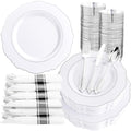 Liacere 175pcs Silver Plastic Plates - White and Silver Disposable - 25guest Baroque Plastic Dinnerware include 50Plates, 25Pack Pre Rolled Napkins with Silverware 25Cups for Wedding&Party&Easter Day by Liacere