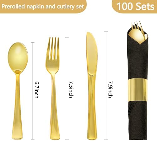 100 Pack Pre Rolled Gold Plastic Silverware Set with Napkins - Image 2