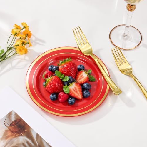 600 Pcs Red Plastic Dinnerware Set with Gold Trim for 100 Guests,200 Red Plastic Plates with Gold Trim, 200 Forks, 100 Spoons, 100 Knives for Party, Wedding, Birthday & Christmas - Image 5