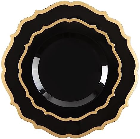 PLASTICPRO 32 Pack Elegant Disposable Plastic Plates Combo Set Includes 16 Dinner Plates and 16 Salad Plates Heavy Duty Fancy Party Plates Black & Gold Contemporary Design - Image 5
