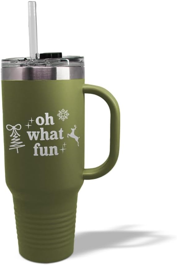 Speedy Pros Tumbler Cups with Straw Oh What Fun Christmas Xmas Coffee Tumbler with Lid Personalized Insulated Travel Mugs Engraved Stainless-Steel 40 Oz Forest Green Design Only