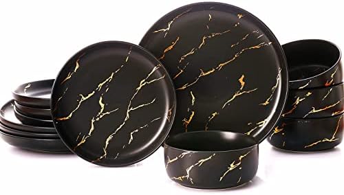 Pokini Black Gold Splash Dinnerware Sets, Porcelain Plates and Bowls Sets by Pokini
