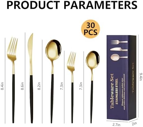 Kawlity Stainless Steel Serving Flatware Durable Black & Gold Polished Knives Spoon Forks 30 Pcs Utensil Dinner Tableware, for Kitchen Dishwasher Adults and Children Ideal Gift - Image 7