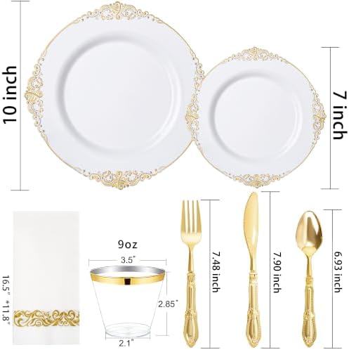 Morejoy 175PCS White and Gold Plastic Plates,Gold Plastic Dinnerware Sets - Image 4