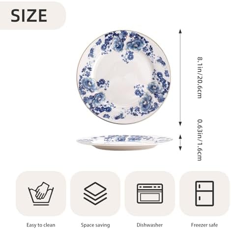 Agyiuns Porcelain Floral Plates, 8in Set of 4 Round Small Appetizer Dessert Plates for dessert，bread (Blue flowers) - Image 2
