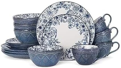 Pfaltzgraff Gabriela Blue 16-Piece Dinnerware Set, Service for 4, Durable Stoneware Plates, Bowls, and Mugs with Elegant Blue Pattern, Dishwasher Safe by Pfaltzgraff