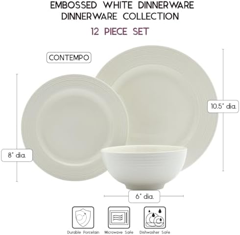TTU Tabletops Gallery Embossed Bone White Porcelain Round Dinnerware Collection- Chip Resistant Scratch Resistant, Contempo 12 Piece Dinnerware Set (Dinner Plate, Salad Plate, Cereal Bowl) - Image 4