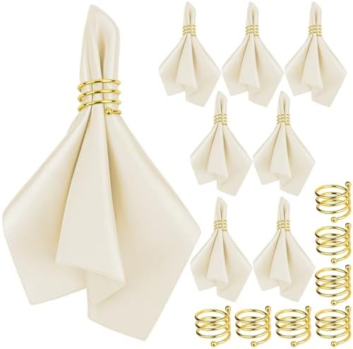 MCEAST Satin Cloth Napkins and Napkin Rings Set of 8, Smooth Fabric Table Napkins and Napkin Holder for Wedding, Birthday Dinner Party, Family Gatherings, Table Decor (Ivory, 17 x 17 Inches) by MCEAST