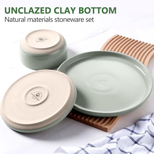LIANYU Porcelain Dinnerware Set for 4, 12 PC Stoneware Dinner Plates and Bowls, Ceramic Dining Dishes Set for Dessert Salad Pasta, Microwave & Dishwasher Safe, Fog Green - Image 2