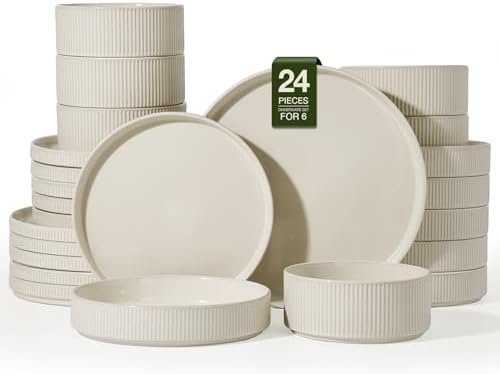 Famiware Stoneware Dinnerware Set with Pasta Bowls, Oat White Dishes for 6 by Famiware