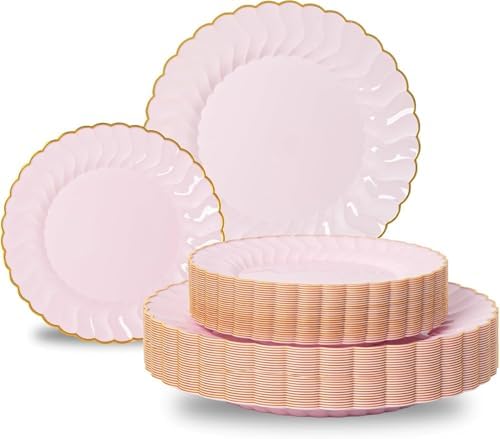Lullaby 60PCS Pink Scalloped Plastic Plates with Gold Rim for Party Wedding by LULLABY