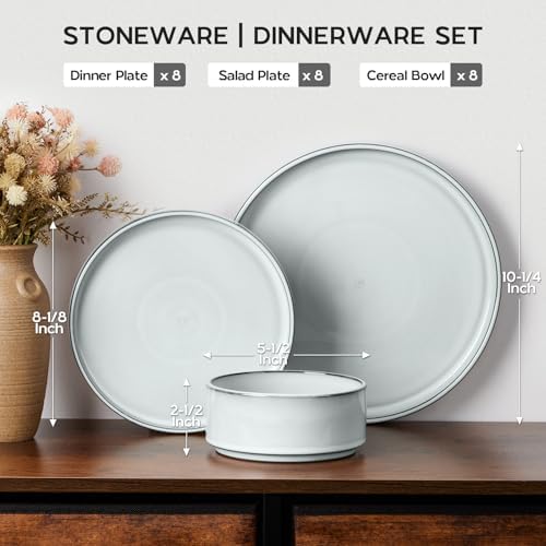 Onader Dinnerware Dishes Sets for 8, Stoneware Plates and Bowls with Unglazed Terracotta Bottom, Ceramic Kitchen Dinner Dish Set, 24 Piece - Glacier White - Image 2