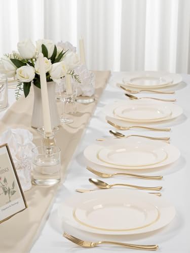 WDF 200PCS Ivory Plastic Plates - Elegant Ivory Disposable Plates for Party- Include 100 Dinner Plate 10inch and 100 Plastic Dessert Plate 7inch Perfect for Party/Wedding/Birthday/Thanksgiving - Image 2