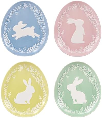 Bico Pastel Color Bunny Stoneware Salad Plates Set, Microwave & Dishwasher Safe, for Easter, Spring by Bico