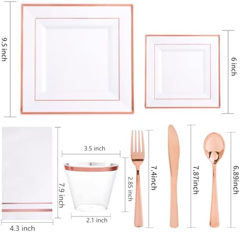 Festiva 350Pcs Rose Gold Plates and Napkins Party Supplies-Square White and Rose Gold Disposable Dinnerware include Plates Cups Cutlery Napkins for 50 Guests Wedding &Mother's Day&Birthday Party - Image 2