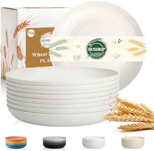 Wheat Straw Plates 11 Inch, Unbreakable & Reusable Plastic Plates Set of 8, Large Dinner Plates for Main Course, Microwavable Plates for Full Dinner, Holiday Feasts - White by BUSOKIP