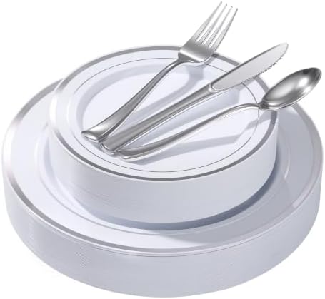 Goodluck 125 PCS Silver Rim Plastic Plates and Cutlery Set for 25 Guests by GoodLuck