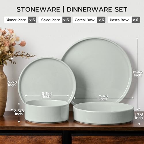 Onader Stoneware Dinnerware Sets for 6 with Double Bowl, 24 Piece Plates and Bowls Dish Dinner Set, Speckled Kitchen Dishware Tableware – Pale Sage Green - Image 2