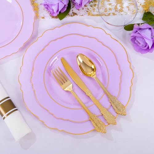 Liacere 175PCS Purple Plastic Plates-Disposable Lavender Plates 25guest Baroque Plastic Dinnerware include 50Plates, 25Pack Pre Rolled Napkins with Silverware 25Cups for Party & Wedding & Baby Shower - Image 5