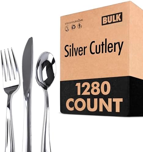 1280 Pack Silver Plastic Cutlery Disposable Silverware - 640 Forks, 320 Knives, 320 Spoons - For Catering, Parties, Dinners, Weddings, and Everyday Use, Stock Your Home by StockYourHome