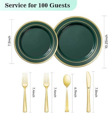 BESTVIP 600 Pcs Green Plastic Dinnerware Set with Gold Trim for 100 Guests,200 Green Plastic Plates with Gold Trim, 200 Gold Forks, 100 Spoons, 100 Knives for Party, Wedding, Birthday & Christmas - Image 3