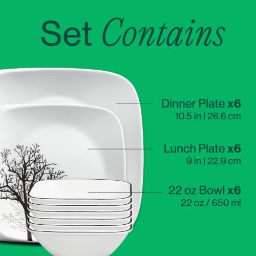 Corelle Vitrelle 18-Piece Service for 6 Dinnerware Set Triple Layer Glass and Chip Resistant, Lightweight Square Plates and Bowls Set, Timber Shadows - Image 3