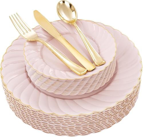 YOUBET 125PCS Pink Plastic Plates with Gold Rim for Wedding Birthday Party by YOUBET