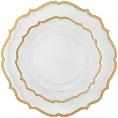 PLASTICPRO 32 Pack Elegant Disposable Plastic Plates Combo Set Includes 16 Dinner Plates and 16 Salad Plates Heavy Duty Fancy Party Plates Clear & Gold Contemporary Design - Image 5
