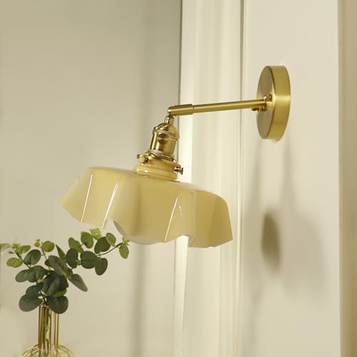 Vintage Milk Glass Wall Sconce Light, Mid Century Floral Design, Hardwired Gold Wall Lamp for Bedroom, Hallway, Living Room, Farmhouse Decor, Straight Arm Fixture
