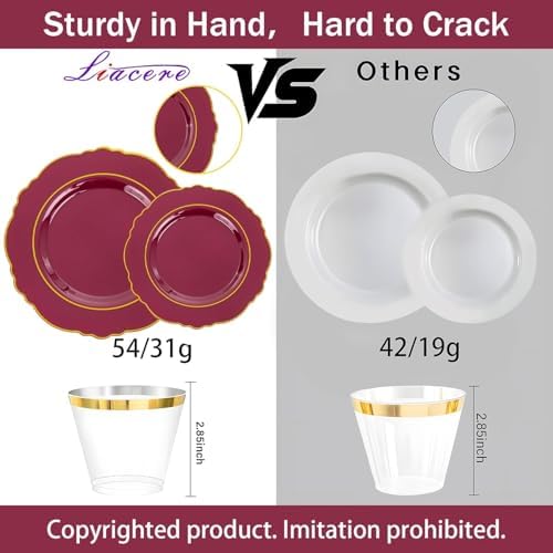 Liacere 175PCS Red Plastic Plates - Disposable Burgundy Red and Gold - 25guest Baroque Plastic Dinnerware include 50Plates, 25Pack Pre Rolled Napkins with Silverware 25Cups for Party & Halloween - Image 3