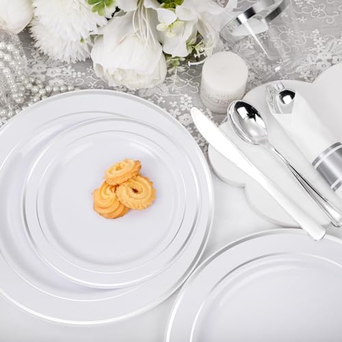 WELLIFE 210 Piece Silver Plastic Dinnerware Set for 30 Guests, Include: 30 Dinner Plates, 30 Dessert Plates, 30 Pre Rolled Napkins with Silverware and 30 Silver Cups - Image 4