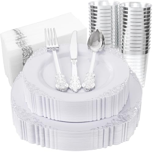 Nervure 175Pcs Silver Plastic Plates, Plastic Dinnerware Set for 25 Guests by Nervure