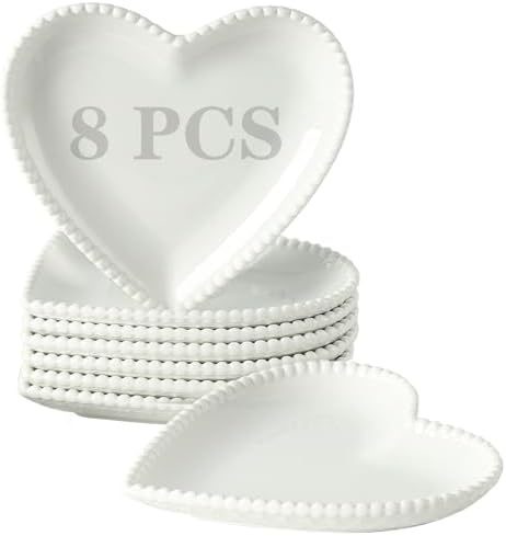 7.5” White Porcelain Heart Shape Appetizer Plates Set of 8 by BABALIU