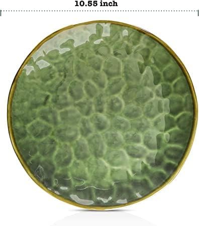 vicrays Ceramic Dinner Plates Set, 10.5 Inch, Set of 6, Round, Microwave, Oven, Dishwasher Safe, Scratch Resistant, Porcelain Fluted Suitable for Steak, Pasta, Pizza, Home, Restaurant, Green