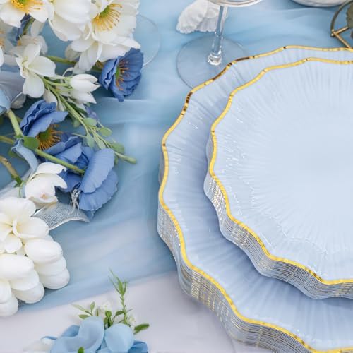 Rubtlamp 60Pcs Blue Plastic Plates - Blue Scalloped Plates with Gold Trim - 30 Gold Dinner & 30 Dessert Platos, Fancy Disposable Plates for Wedding (30 Guests) - Image 5
