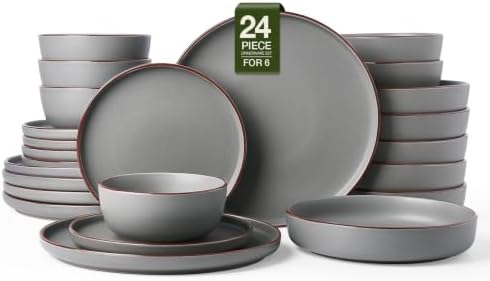 Famiware Mercury 24-Piece Dinnerware Set with Pasta Bowls, Dark Grey by Famiware