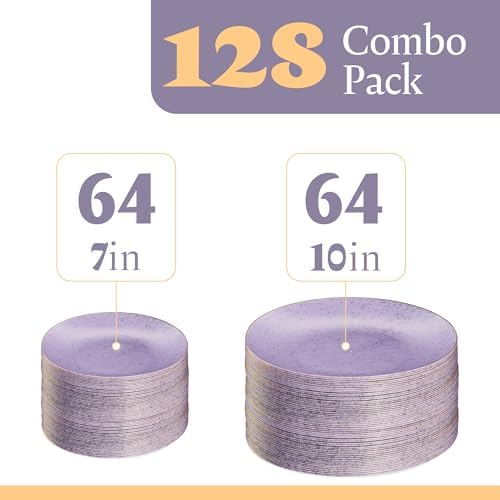 PLASTICPRO 128 Pack Elegant Disposable Plastic Plates Combo Set Bulk Pack Includes 64 Dinner Plates and 64 Salad Plates Heavy Duty Fancy Party Plates Purple Granite Plates with Gold rim - Image 4