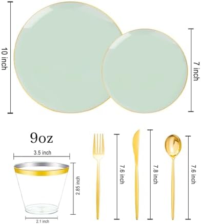 bUCLA 150PCS Green Plastic Plates - Sage Green with Gold Rim Disposable - Include 25 (Dinner & Dessert) Plates, 25 Knives, 25 Forks, 25 Spoons and 25 Cups for Party, Birthday & Spring - Image 2